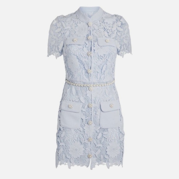 Blue lace mini Self-Portrait dress with crystal belt and cute button details. - Picture 2 of 8